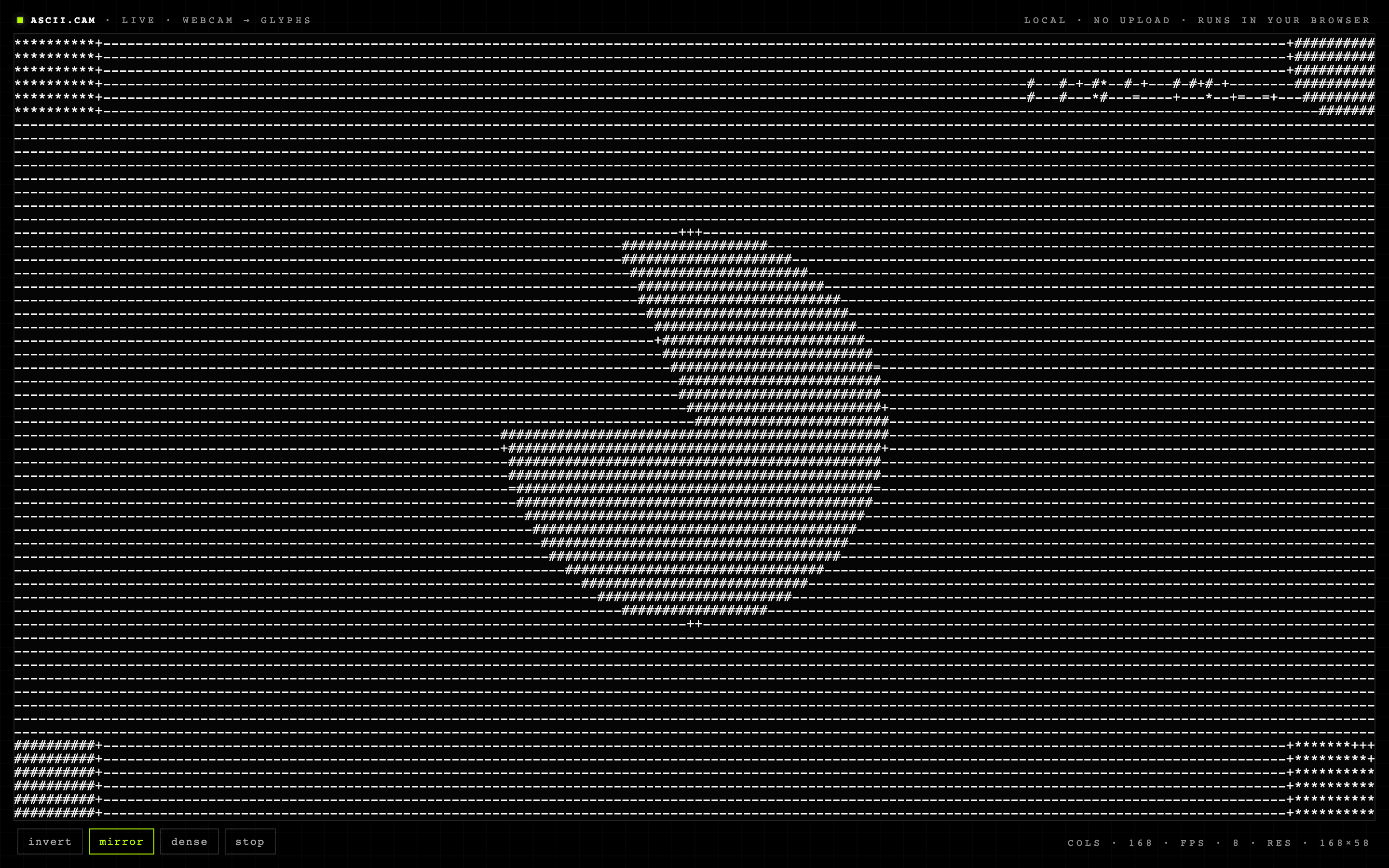 live: camera feed as ascii, 168 cols