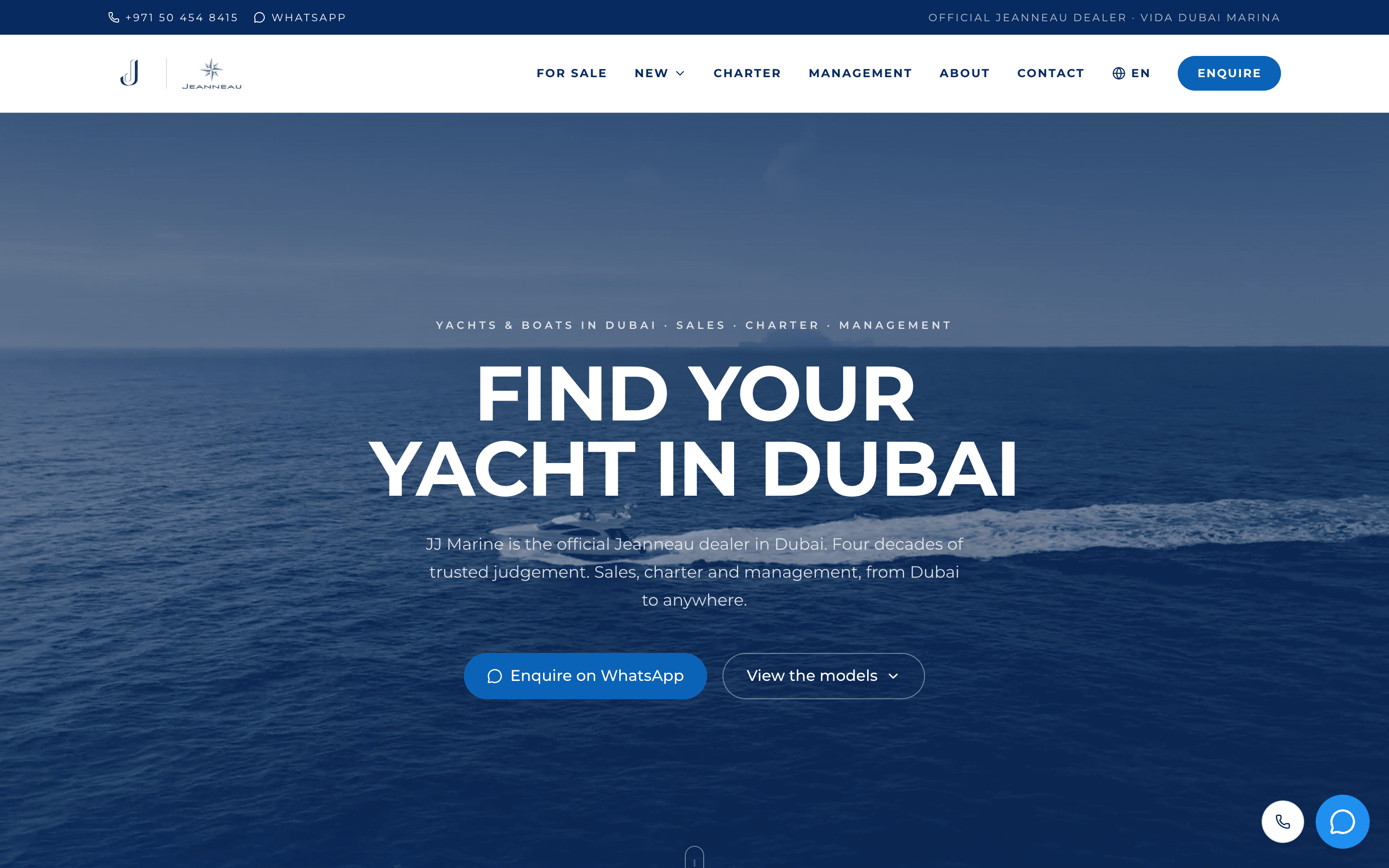 The JJ Marine home page: a yacht at sea under the dealership’s navigation and search
