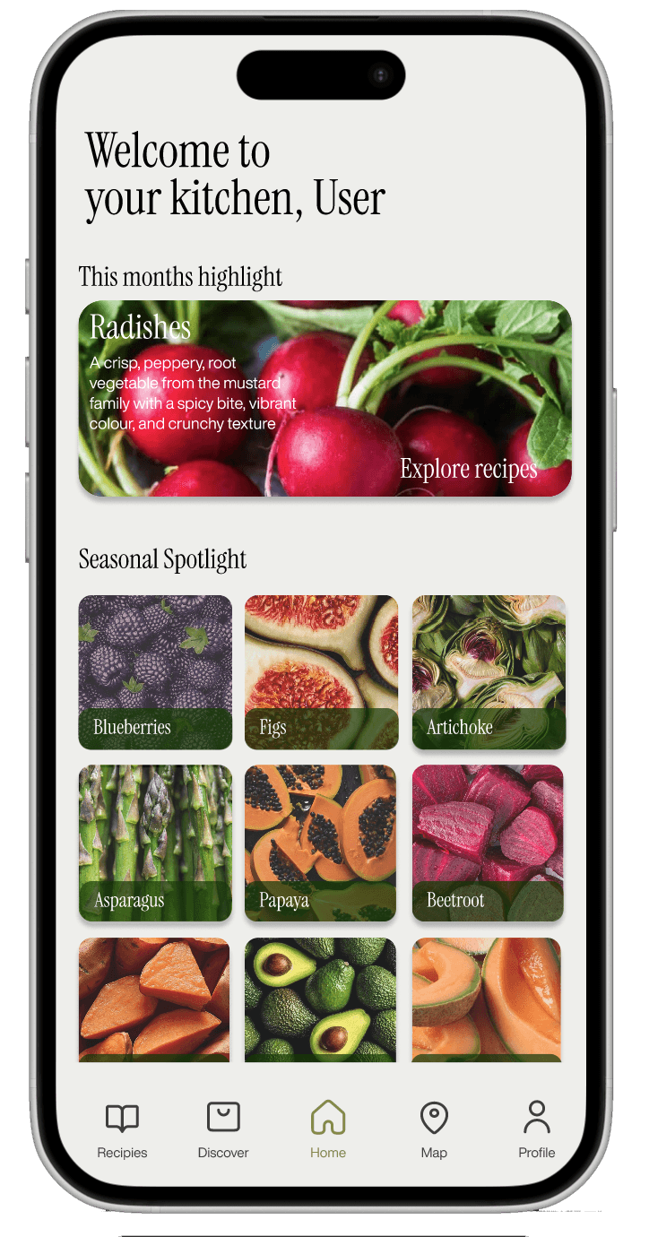 home screen: seasonal produce calendar as the entry surface