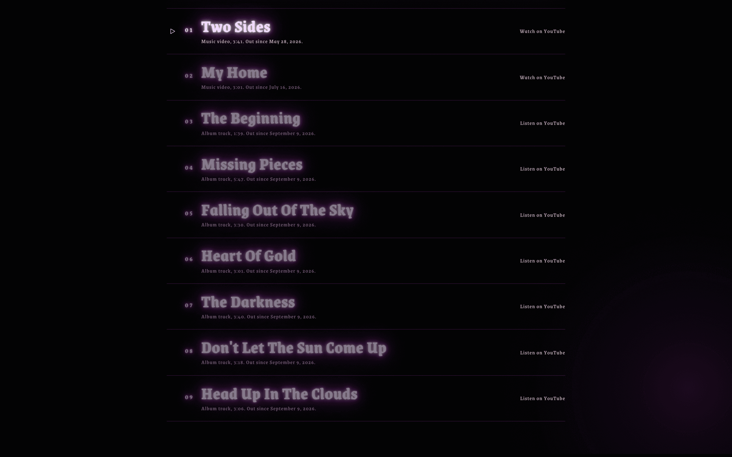 The Rock Purple home page: a track list, two music videos and the full album on a dark background