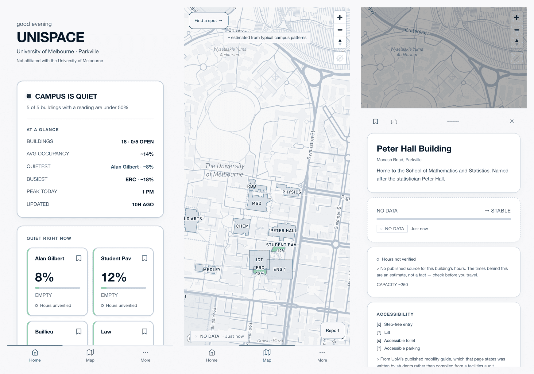Three phone screens of UniSpace: the home readout, the campus map and a building card